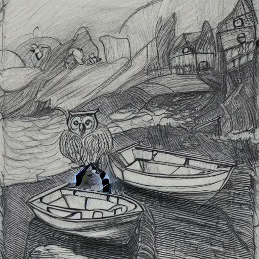 Image similar to landscape drawing with owls and boats, in the style of pauline baynes