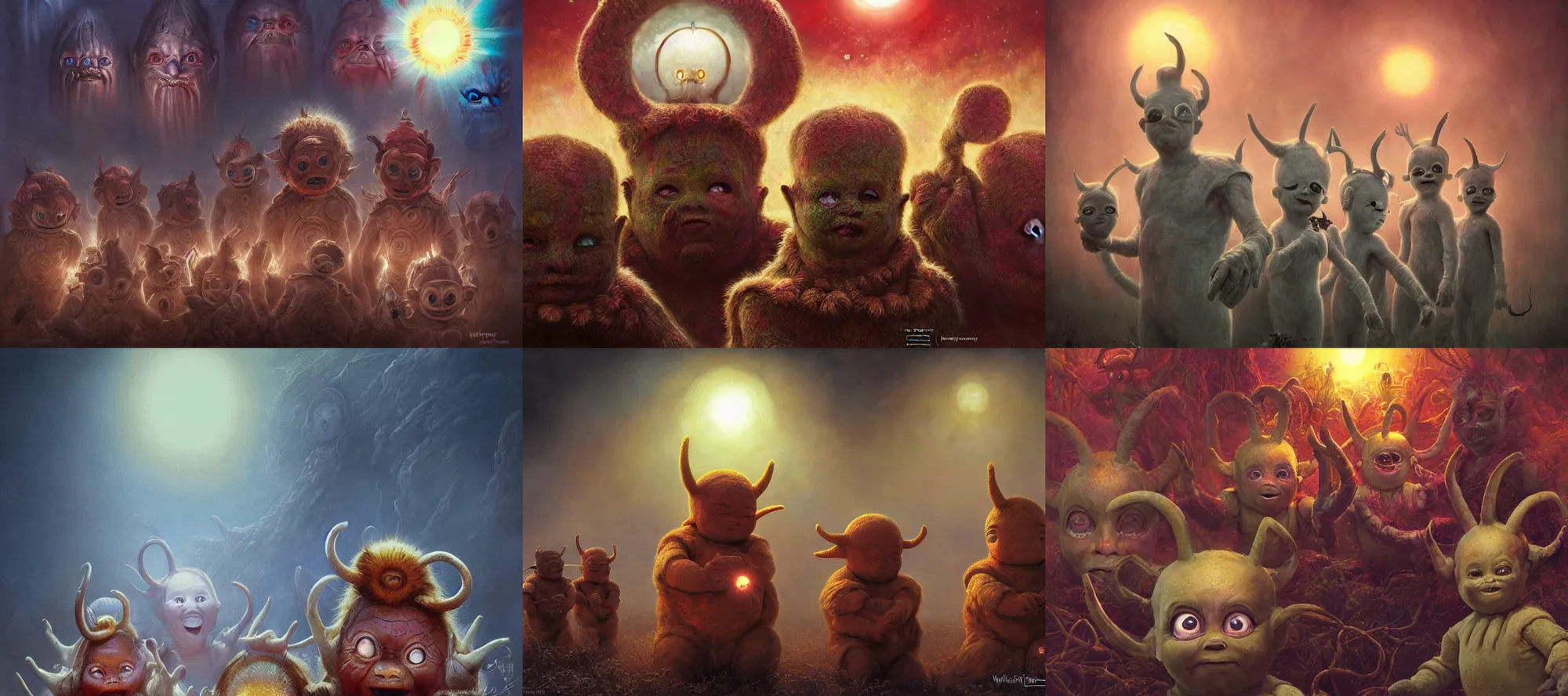 Prompt: highly detailed elden ring portrait photo of multicolored mumakil teletubbies with antennas on their heads tormenting the souls of the damned in a dystopian hell, a baby face depicted as the sun in the background, hyperrealistic illustration by william didier pouget and tomasz alen kopera