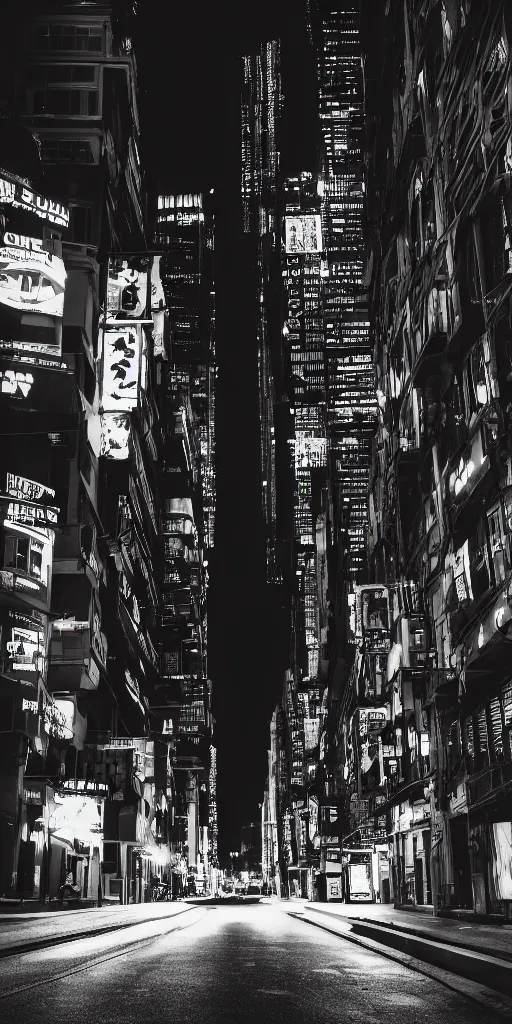 Image similar to street view of a dark cyber noir city, night, photoreal 35mm 8k photography