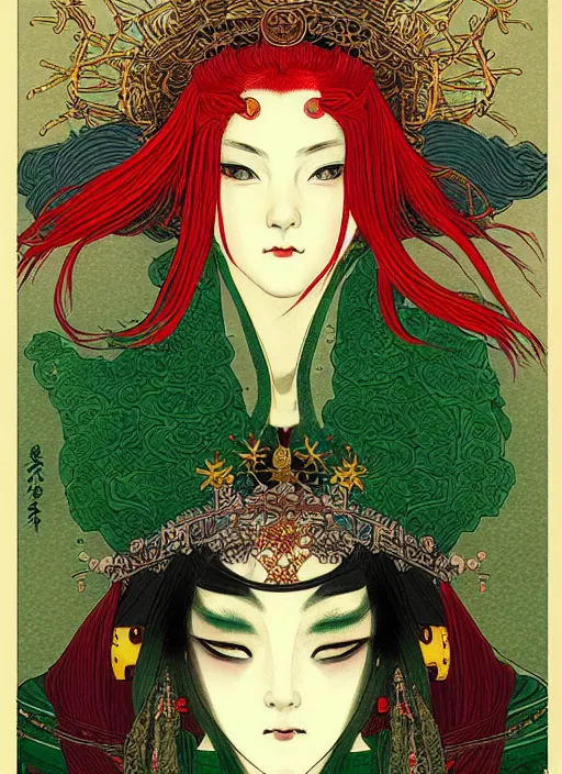 Image similar to a beautiful ukiyo - e portrait of a beautiful cyberpunk elven queen with long red hair, wearing green, red and gold ornate dress, golden intricate crown. detailed symmetrical close up portrait, intricate complexity, concept art, by takato yamamoto, wlop, krenz cushart. cinematic dramatic atmosphere, sharp focus