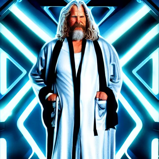 Image similar to dude lebowski dressed in bathrobe played by jeff bridges, stuck in tron realm, photorealistic movie still, detailed 8 k, poster style, high resolution