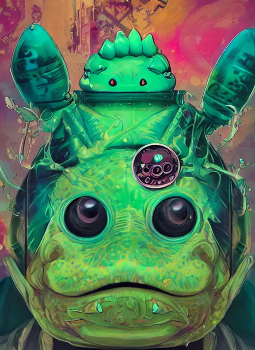 Image similar to beautiful portrait of lofi cyberpunk bulbasaur, by Tristan Eaton, Stanley Artgermm, Tom Bagshaw, Greg Rutkowski, Carne Griffiths, trending on DeviantArt, face enhance, hyper detailed. trending on Artstation, 8k, masterpiece, graffiti paint, fine detail, full of color, intricate detail, golden ratio illustration