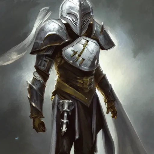 Prompt: armored priest with white armor and a full helmet, by greg rutkowski, in the style of magic the gathering