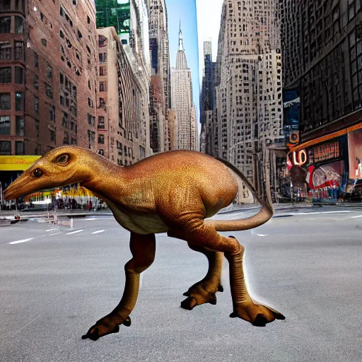 Image similar to realistic photograph of a parasaurolophus in the middle of a busy street new york