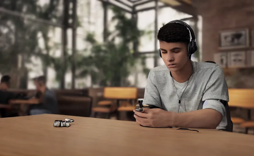 Image similar to a male teenager with headphones in a cafe sitting in front of a table with a coffee, digital painting, masterpiece, digital art, concept art, octane render, unreal engine 5, trending on deviantart, highly detailed, high quality, 4 k, cartoon, high coherence, realistic, anatomically correct, five fingers, relaxing, realistic and detailed face, beautiful, elegant