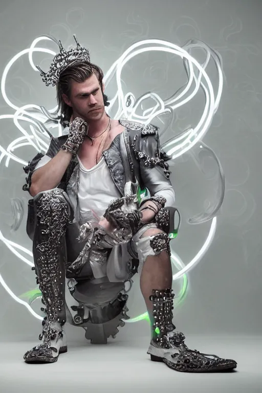 Prompt: full-body rococo and cyberpunk style neon statue of a young attractive Chris Hemsworth macho dotado e rico android sim roupa reclining con las piernas abertas e la piroca dura, glowing white lasers, glowing eyes, silver prince crown, silver steampunk gears, white diamonds, swirling mint-colored silk fabric. futuristic elements. ethereal white dripping tar. full-length view. space robots. human skulls. large white balloon animals. intricate artwork by caravaggio. Trending on artstation, octane render, cinematic lighting from the right, hyper realism, octane render, 8k, depth of field, 3D