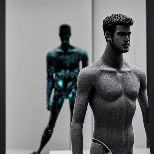 Image similar to “ a realistic detailed photo of a guy who is an attractive humanoid who is half robot and half humanoid, who is a male android, actor liam hemsworth, shiny skin, posing like a statue, blank stare, at the museum, on display ”