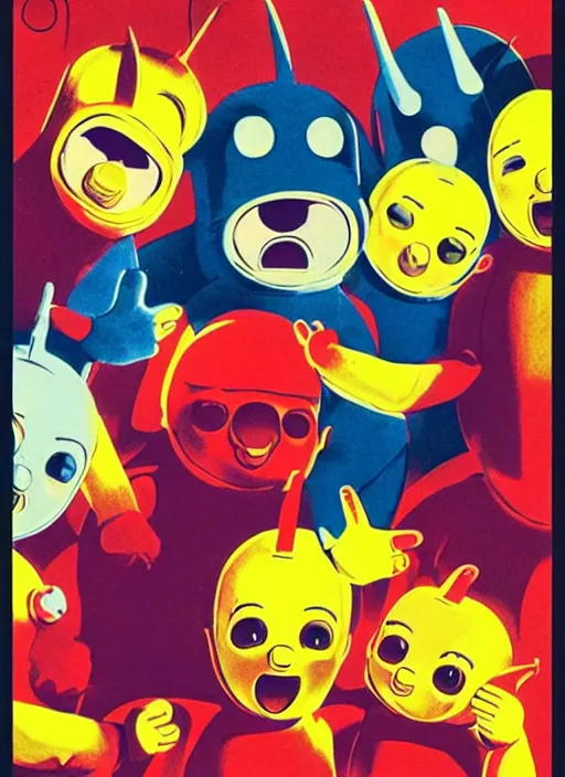 Image similar to teletubbies horror movie poster, high details, minimalist, by vincent di fate, artgerm julie bell beeple, 1960s, vintage 60s print, screen print