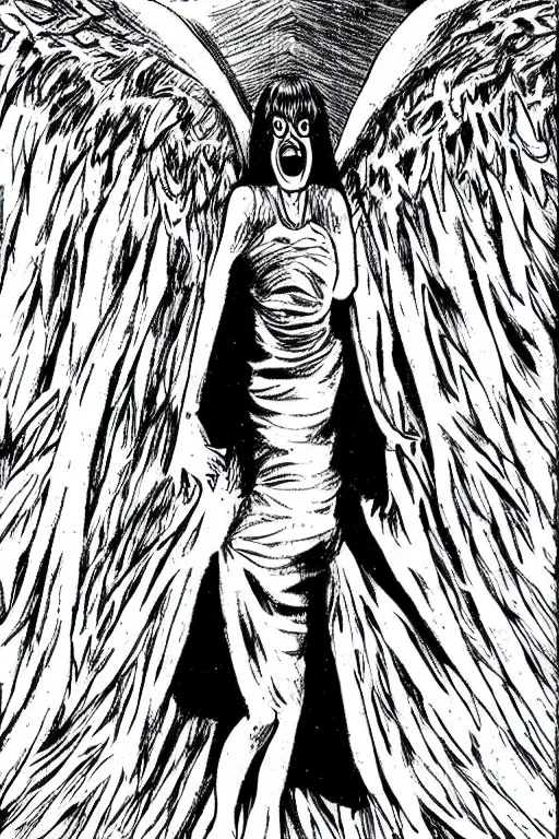 Image similar to angel of death smiling in the dark night, by junji ito with shiver manga art style