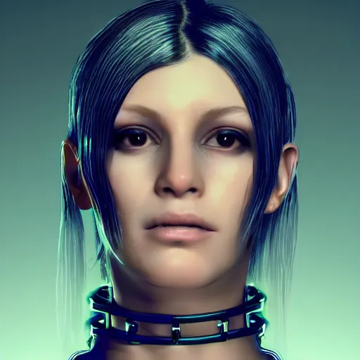 Image similar to headshot portrait of cyberpunk woman wearing thick steel choker around neck, 4K, detailed face, collar on neck, realistic, artstation, cyberpunk style, neon,