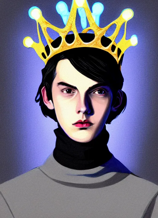 Image similar to portrait of teenage jughead jones wearing a light grey crown, crown, blue turtleneck, 1 9 5 0 s, closed eyes, photorealistic, black hair, glowing lighting, intricate, elegant, glowing lights, highly detailed, digital painting, artstation, concept art, smooth, sharp focus, illustration, art by wlop, mars ravelo and greg rutkowski