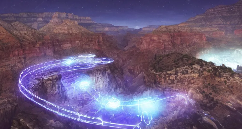 Image similar to night, a lot of people and a spiral - shaped white luminous attractor is floating in grand canyon, concept art, art for the game, professional lighting, art