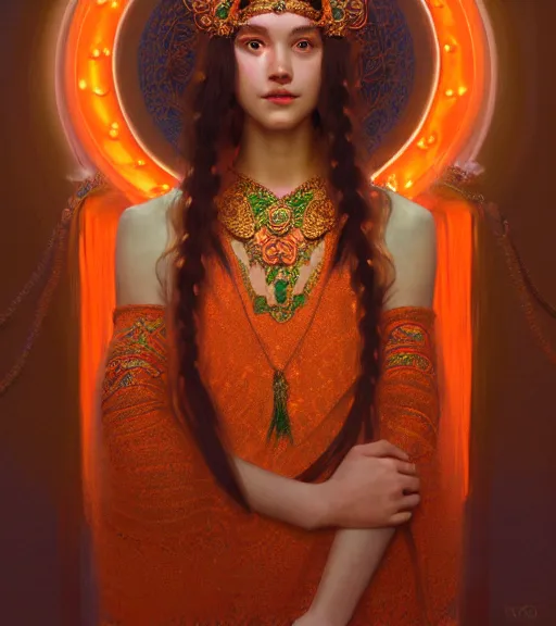 Image similar to portrait of teenage godess, snake hair, naughty smile, wearing an embroidered orange tunic, intricate, elegant, copper and emerald jewelry, glowing lights, seductive. highly detailed, digital painting, artstation, concept art, smooth, sharp focus, illustration, art by wlop, mucha, artgerm, and greg rutkowski
