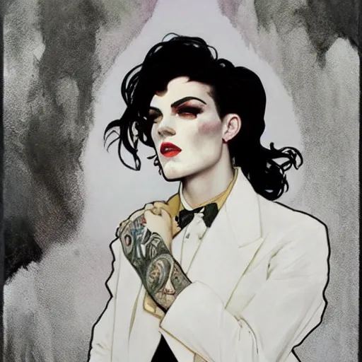 Image similar to ravishing portrait of androgynous ruby rose as desire from sandman in a white tuxedo!!!, rockabilly style,, by alphonse mucha, by jeremy mann, by peter lindbergh, dave mckean, by frank moth, white suit and black tie, soft lightning, high detailed, 8 k