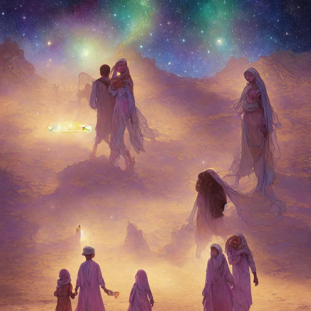 Image similar to bedouin man and woman and child in galaxy walking towards mosque surrounded by nebula, highly detailed, gold filigree, romantic storybook fantasy, soft cinematic lighting, award, disney concept art watercolor illustration by mandy jurgens and alphonse mucha and alena aenami, pastel color palette, featured on artstation