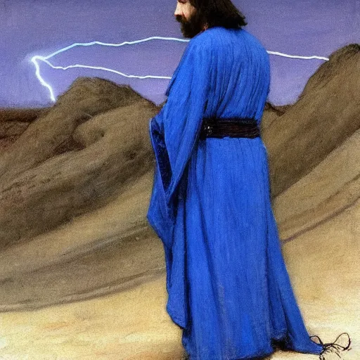 Prompt: painting of a distant wizard in a blue robe standing on a dune in front of a lightning strike artwork by wlop and john william waterhouse and Edwin Longsden Long and Nasreddine Dinet and Theodore Ralli trending on artstation, very coherent symmetrical artwork high detail 8k