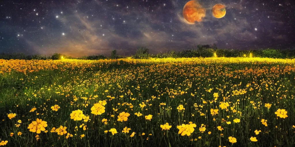 a beautiful field of various flowers and fireflies, | Stable Diffusion