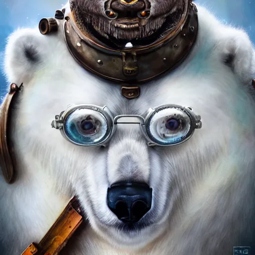 Image similar to white furry polar bear, steampunk googles, highly detailed, unreal engine 5, cinematic, 8 k, by megan duncanson, benjamin lacombe, adrian borda, stanley artgermm, tom bagshaw, craig mullins, carne griffiths, ayami kojima, beksinski, giger, trending on deviantart, hyper detailed, horror, full of colour