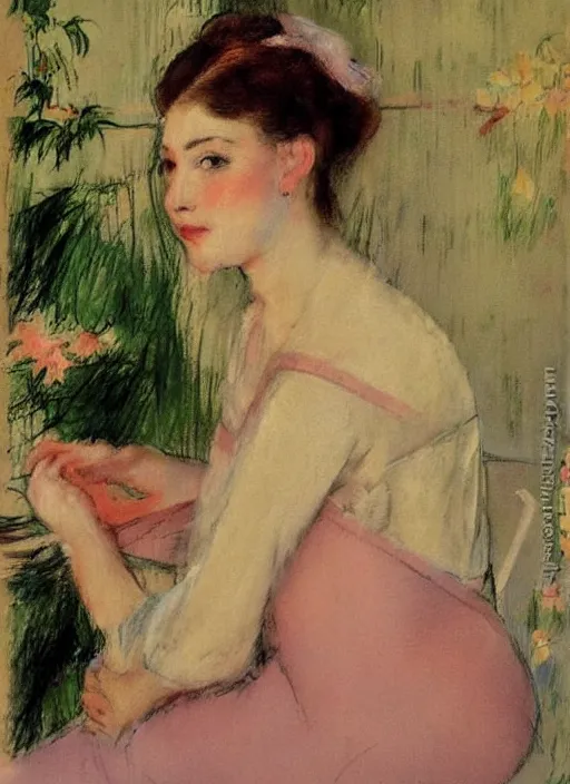 Prompt: vintage beautiful painting of a beautiful woman in a beautiful library with plants in mary cassatt style