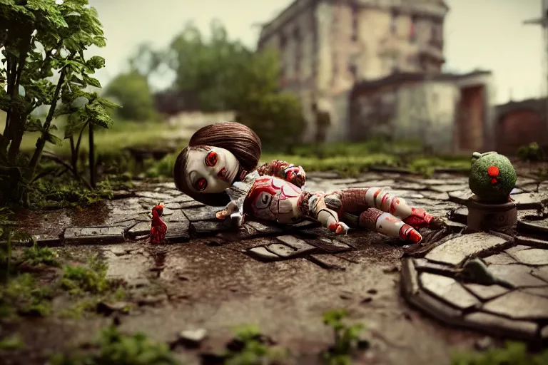 Prompt: Broken ugly toy doll lying on old courtyard with mud and an old playground between two soviet five-storey overgrown with ivy panel houses, high details, cinematic, 8k resolution, beautiful detailed, insanely intricate details, artstation trending, rule of third, octane render, unreal engine