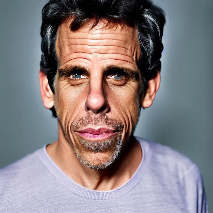 Prompt: portrait of middle aged ben stiller, slightly smiling towards the camera, by martin schoeller. detailed, 4 k, morning hour.