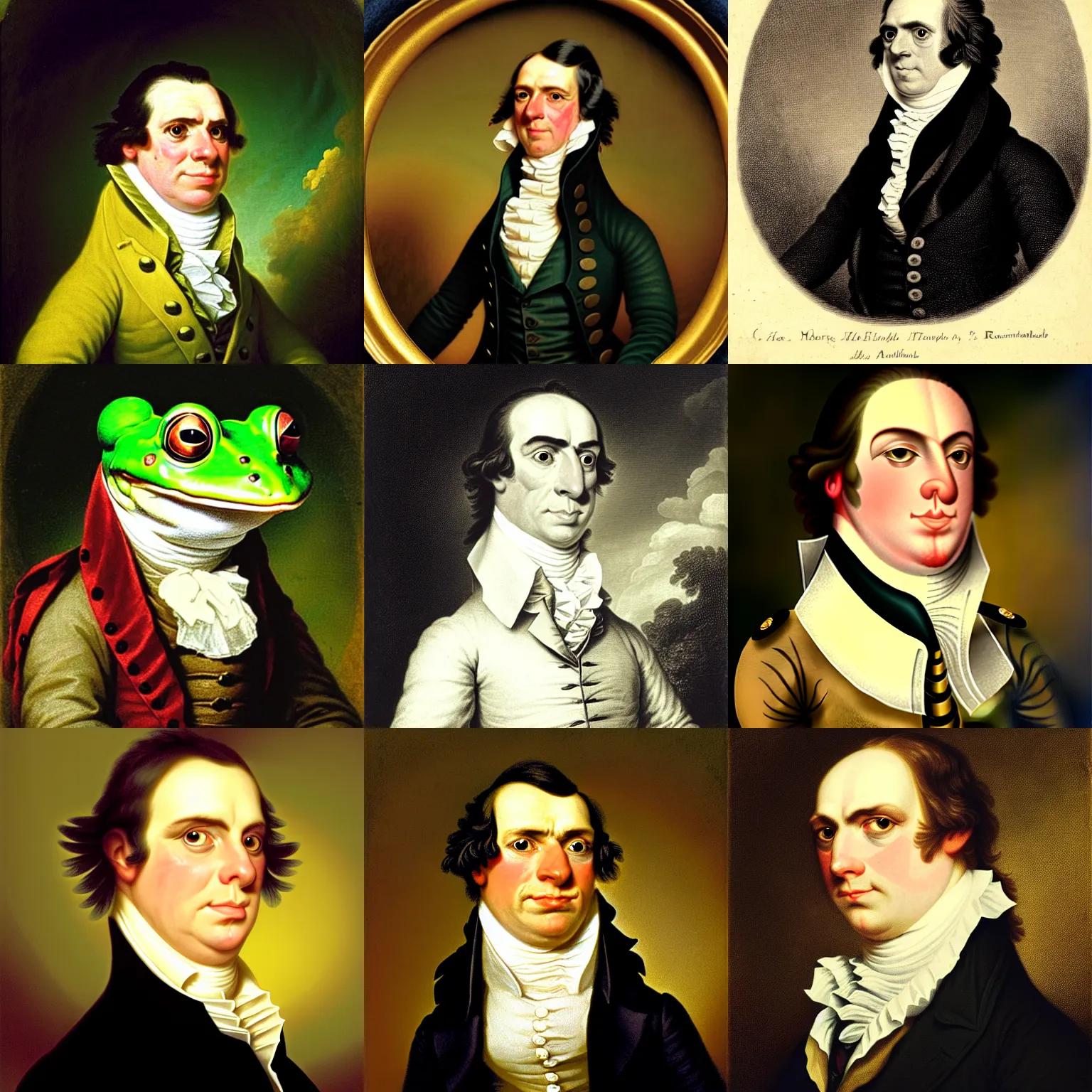 Prompt: a head and shoulders portrait of an anthropomorphic frog!!!!!!!!!!!!!!!!!!!! wearing a colonial outfit looking off camera, a character portrait by john trumbull, american romanticism, soft focus