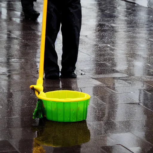 Image similar to closeup portrait of a cleaner with a mop a rainy new york street, photography