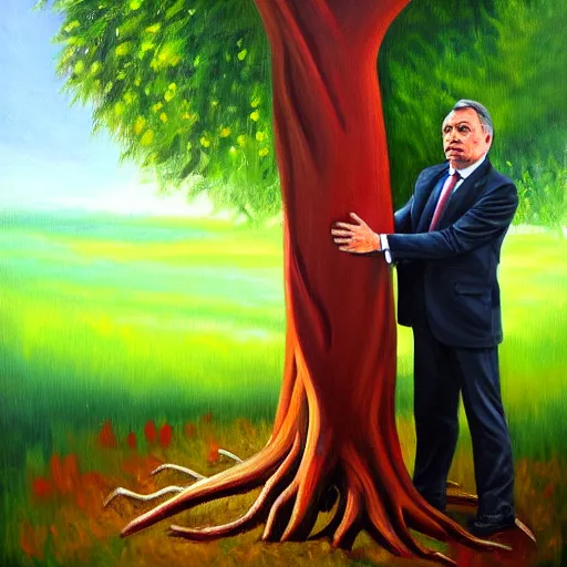 Image similar to viktor orban protecting a tree, oil painting