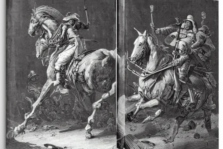 Prompt: highly detailed portrait of big open book, big open book, big open book, big open book, open book page, don quixote goes away, don quixote goes away, don quixote goes away, symmetrical, masterpiece, highly detailed painting by gustave dore