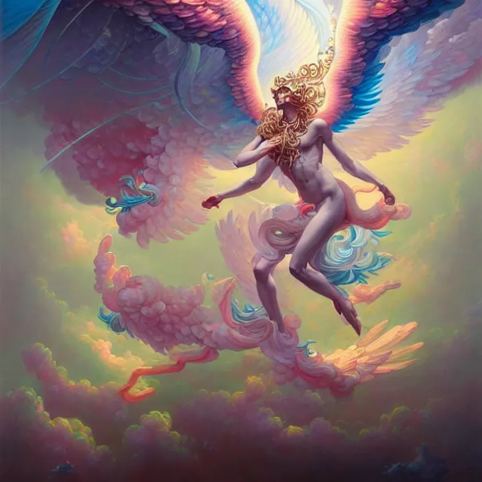 Prompt: hyper detailed painting, hyperrealist painting of an psychedelic angelic celestial being mythical creature by peter mohrbacher, trending on artstation, sacred geometry, esoteric art