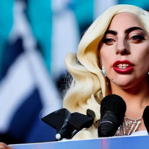 Image similar to Lady Gaga as president, Argentina presidential rally, Argentine flags behind, bokeh, giving a speech, detailed face, Argentina