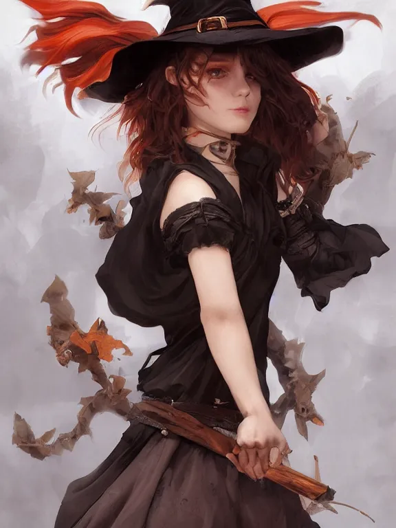 Image similar to Full shot of a mischievous young witch about to get up to some trouble. Latin American fashion. Black and Orange palette. Latina girl. brown skin. Symmetrical facial features. By Ruan Jia and Artgerm and Range Murata and WLOP and Ross Tran. Key Art. Fantasy Illustration. award winning, Artstation, intricate details, realistic, Hyperdetailed, 8k resolution.