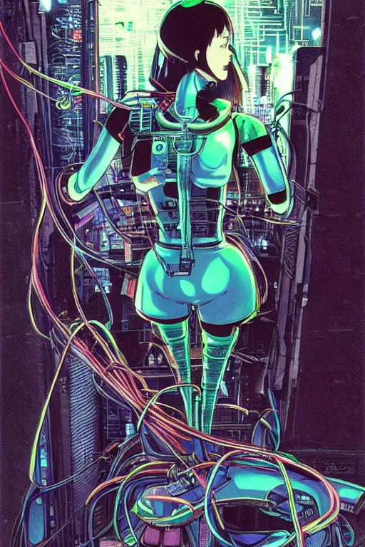Prompt: awe inspiring cyberpunk anime style illustration of a. female android seated on the floor in a tech labor, seen from the side with her back open showing a cables and wires coming out, by masamune shirow and katsuhiro otomo, japan, 1980s, dark, colorful