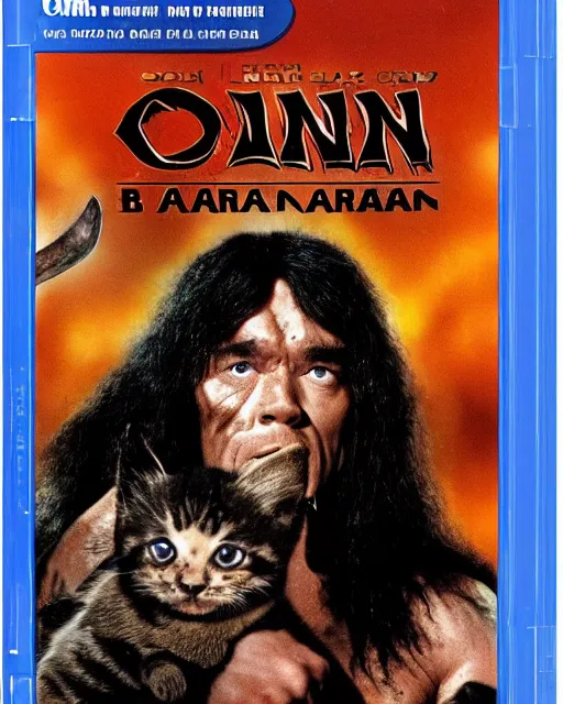 Prompt: 'Conan the Barbarian Adopts a Cute Kitten' blu-ray DVD case still sealed in box, ebay listing