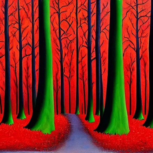 Prompt: a surreal disorienting painting of a forest where the trees have black trunks and vibrant red leaves