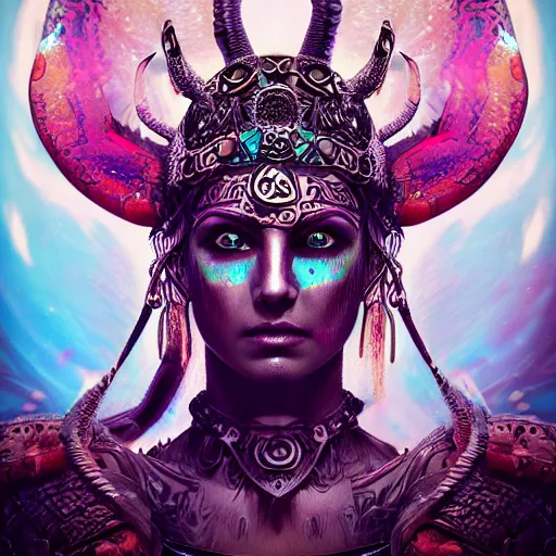 Prompt: viking goddess close-up portrait tribal princess , sitting on intricate throne, high tech, cyberpunk, dystopian, jellyfish phoenix dragon, butterfly squid, burning halo, intricate artwork by Guy Denning, very coherent symmetrical artwork, cinematic, hyper realism, high detail, octane render, unreal engine, 8k, Vibrant colors, Smooth gradients, High contrast, depth of field,