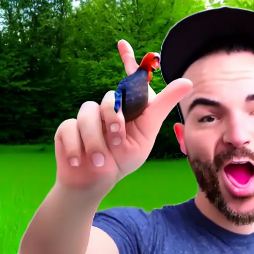 Image similar to two men close to the camera are surprised mouth agape pointing at a small duck further back in the shot, realistic, digital photo, suburb, youtube thumbnail, clickbait