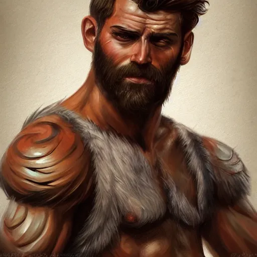 Prompt: portrait of a rugged ranger, muscular, upper body, hairy torso, D&D, fantasy, intricate, elegant, highly detailed, digital painting, artstation, concept art, smooth, sharp focus, illustration, art by Charles Sillem Lidderdale