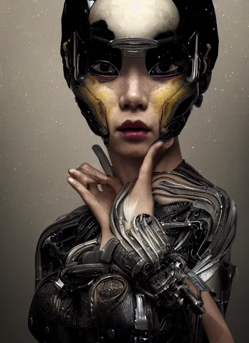 Image similar to portrait of a futuristic geisha cyborg, in the style of ghost in the shell, kintsugi, modern fine art, fractal, intricate, elegant, highly detailed, digital photography, subsurface scattering, by jheronimus bosch and h r giger and greg rutkowski,