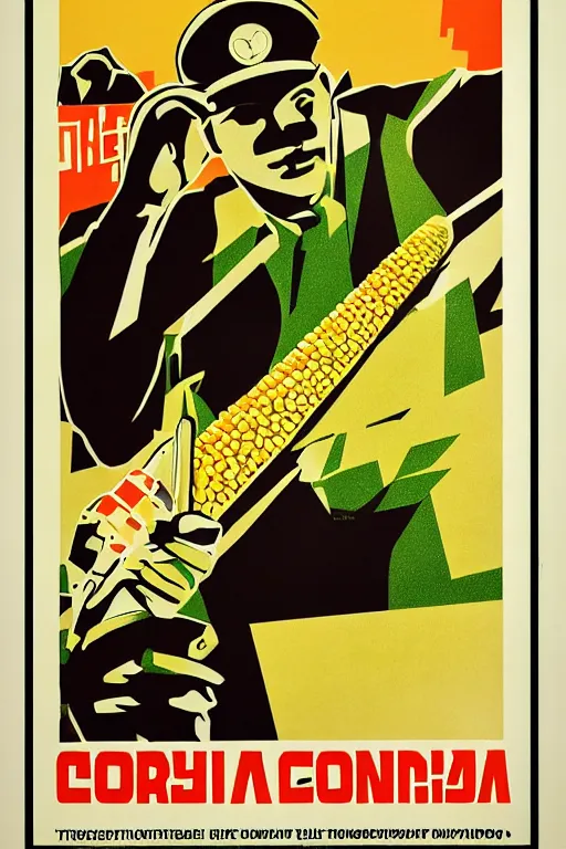 Image similar to sovietwave propaganda poster about the dangers of corn, minimalist, silkscreen, graphic design, russian text