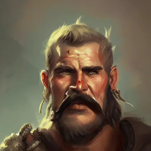 Image similar to portrait old barbarian warrior with trucker mustache and short hair, 8 k, trending on art station, by tooth wu and greg rutkowski