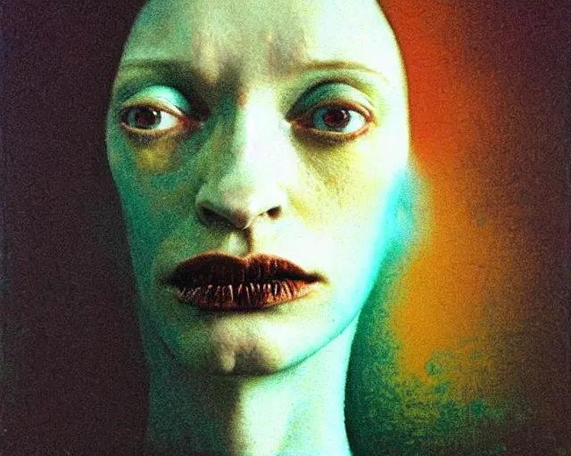 Image similar to by francis bacon, beksinski, mystical redscale photography evocative. kat dennings uma thurman christina hendricks tilda swinton