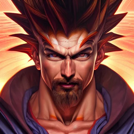 Image similar to symmetry!! intense portrait of sangoku ssj, intricate, elegant, highly detailed, my rendition, digital painting, artstation, concept art, smooth, sharp focus, illustration, art by artgerm and greg rutkowski and alphonse mucha