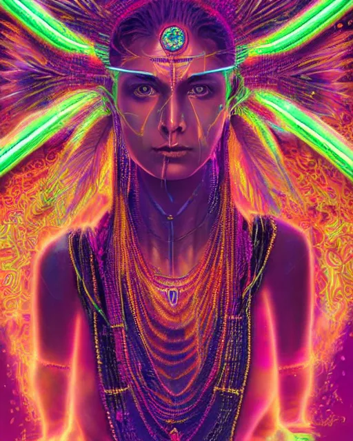 Image similar to a powerful energy psychedelic matrix indian woman, by alexander fedosav, hyper detailed digital matte painting, concept art, hyperrealism, 1 6 k resolution, cinema 4 d, 8 k resolution, trending on artstation, behance hd, a masterpiece, by stephan martiniere, particles, cel - shaded, power bright neon energy, by david a. hardy,