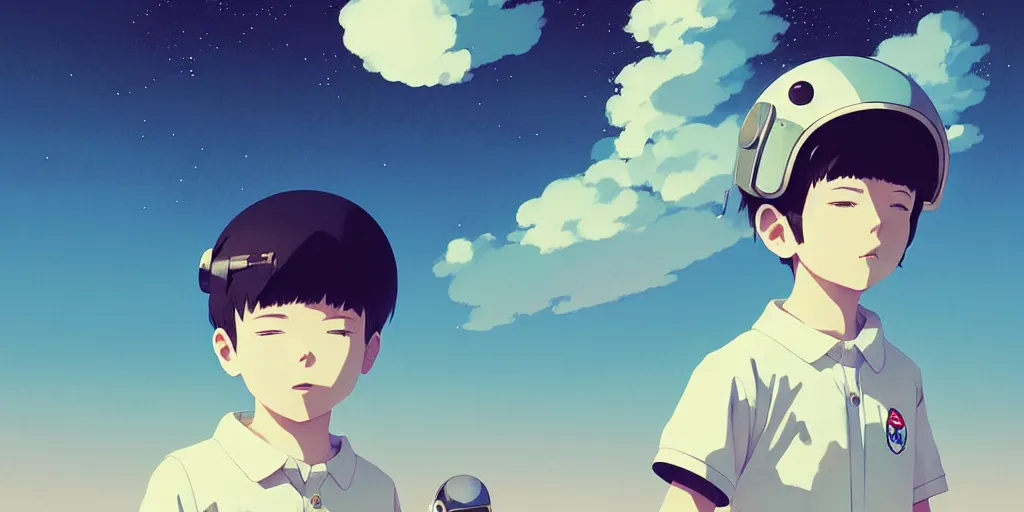 Image similar to 3 d portrait of a boy with astronaut helmets by ilya kuvshinov, cloudy sky background lush landscape ln illustration concept art anime key visual trending pixiv by victo ngai fanbox by greg rutkowski makoto shinkai takashi takeuchi studio ghibli