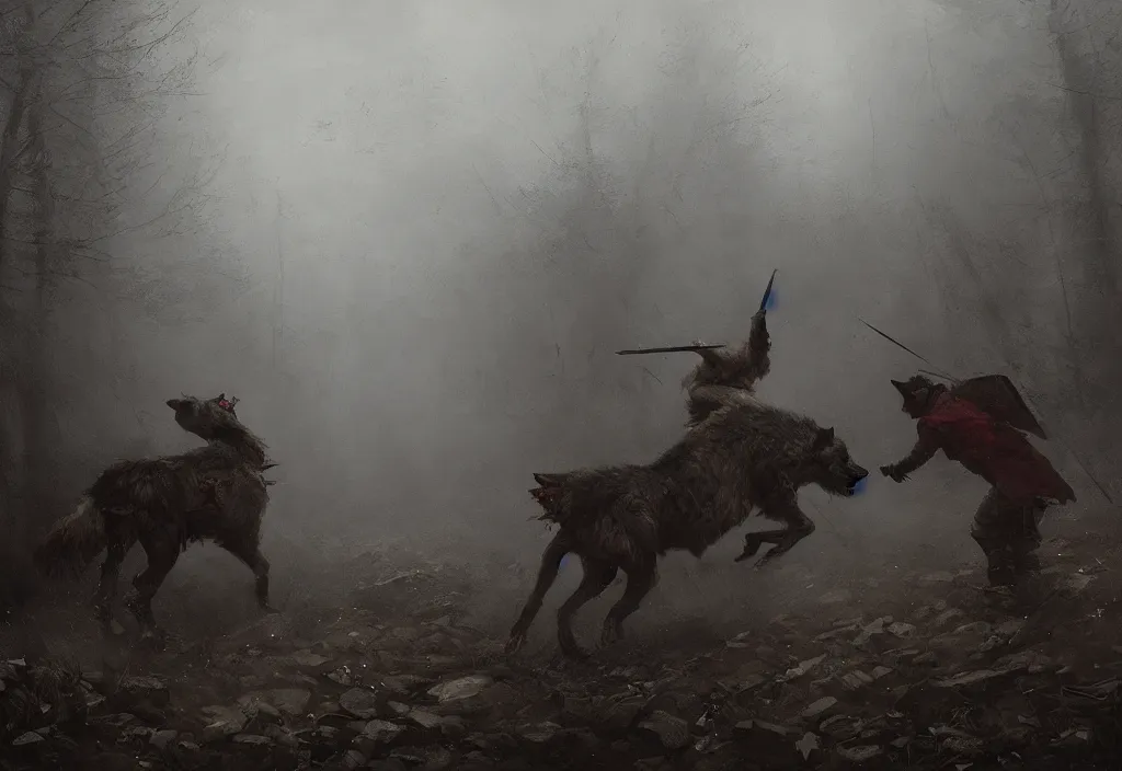 Image similar to a wolf fighting a victorian man, artstation, jakub rozalski, high detail, dramatic lighting, night, fog