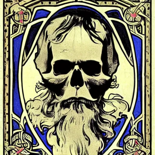 Prompt: bearded skull, illustration [art by alphonse mucha]