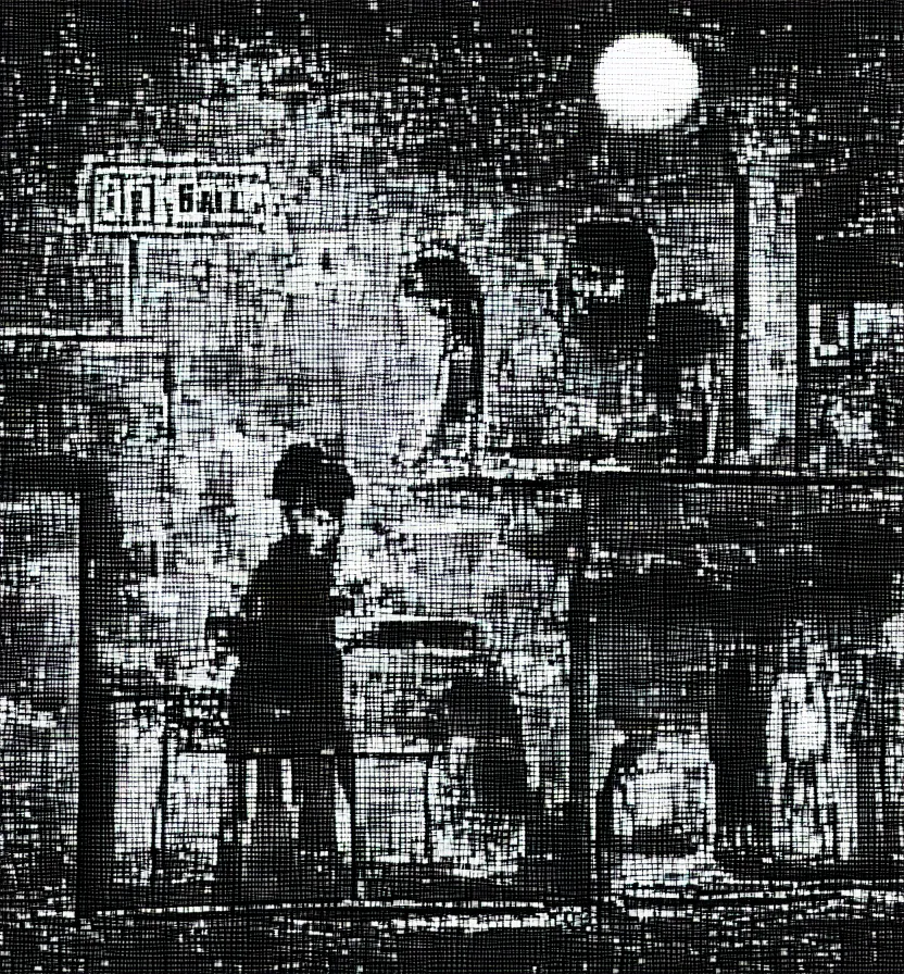 Prompt: little boy holding an umbrella in front of a bar at night, full moon, pixel art, black and white artwork