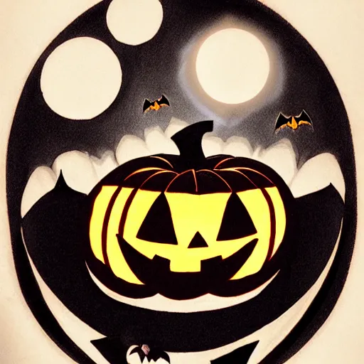 Image similar to cartoon tattoo of a halloween pumpkin with glowing eyes on arm with light shading in the background, night time scene in graveyard with full moon and bats flying, mist