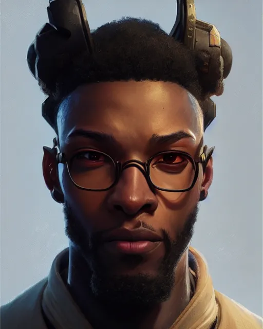 Image similar to baptiste from overwatch, character portrait, portrait, close up, concept art, intricate details, highly detailed by greg rutkowski, michael whelan and gustave dore